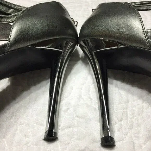 Guess Davisa Gun Metal Silver Grey Leather Stiletto Sandals Size 9.5M - Picture 4 of 8